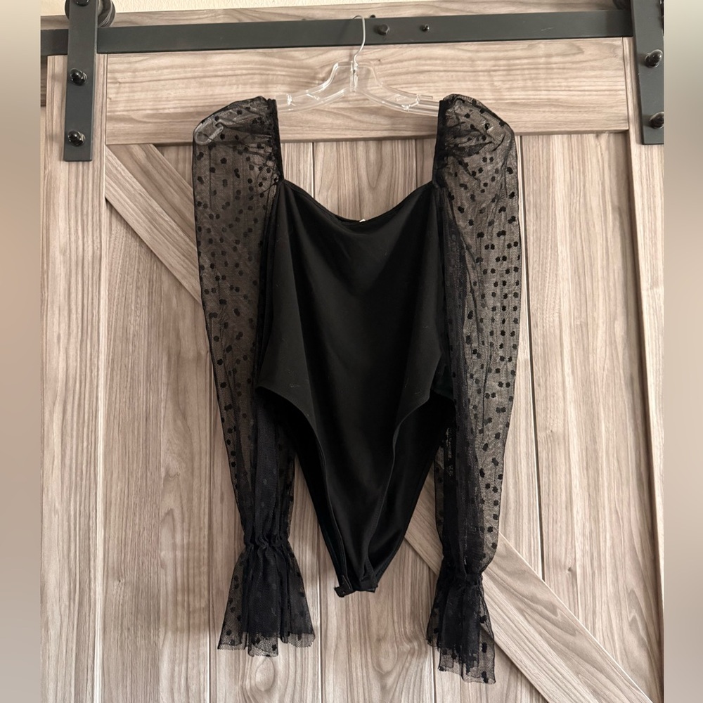 Black Bodysuit with Sheer Polka Dot Sleeves